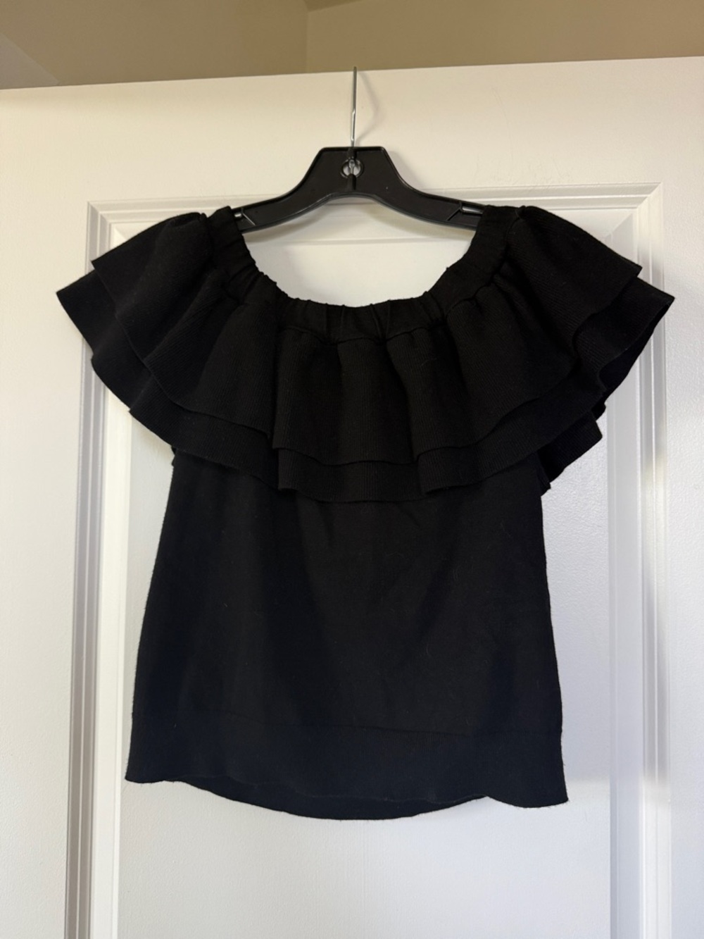 J. Crew Black Knit Off-Shoulder Ruffle Top
